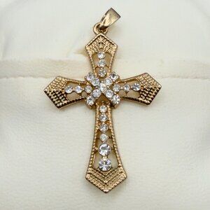 Gold Filled Vintage Cross Pendant With Sparkling Clear Rhinestones